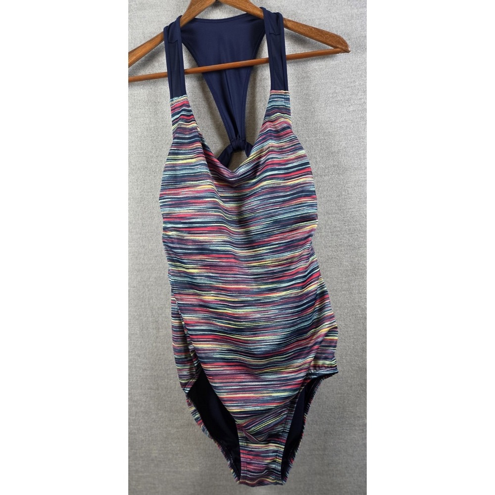 Lands End 8 Long Racerback One Piece‎ Swimsuit Bathing Navy Pastel Stripe Beach